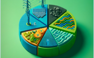 arbig gestaltetes 3D-Diagramm in Kreisform, das verschiedene Energiequellen darstellt – darunter Solarenergie, Windkraft, Wasserkraft, Biomasse und fossile Brennstoffe.