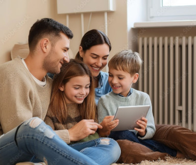 Eine vierköpfige Familie sitzt gemütlich auf dem Boden in einem hellen Wohnzimmer. Die Eltern und zwei Kinder, ein Junge und ein Mädchen, schauen gemeinsam lachend auf ein Tablet.