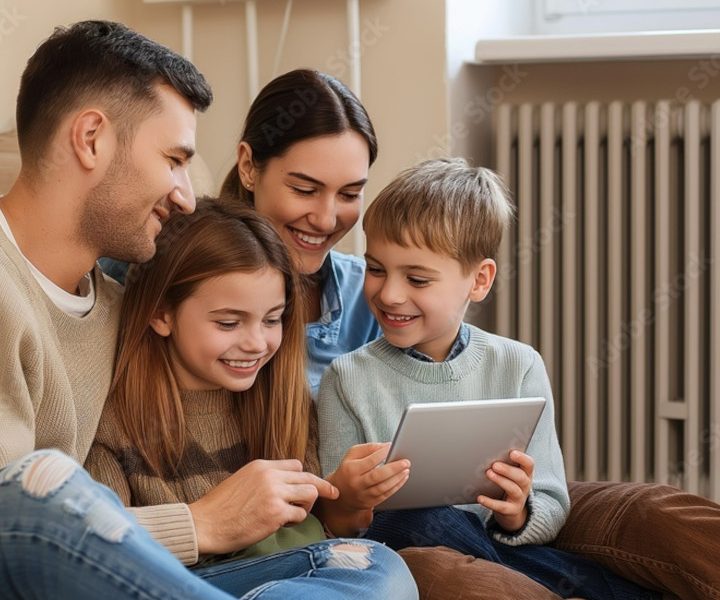Eine vierköpfige Familie sitzt gemütlich auf dem Boden in einem hellen Wohnzimmer. Die Eltern und zwei Kinder, ein Junge und ein Mädchen, schauen gemeinsam lachend auf ein Tablet.